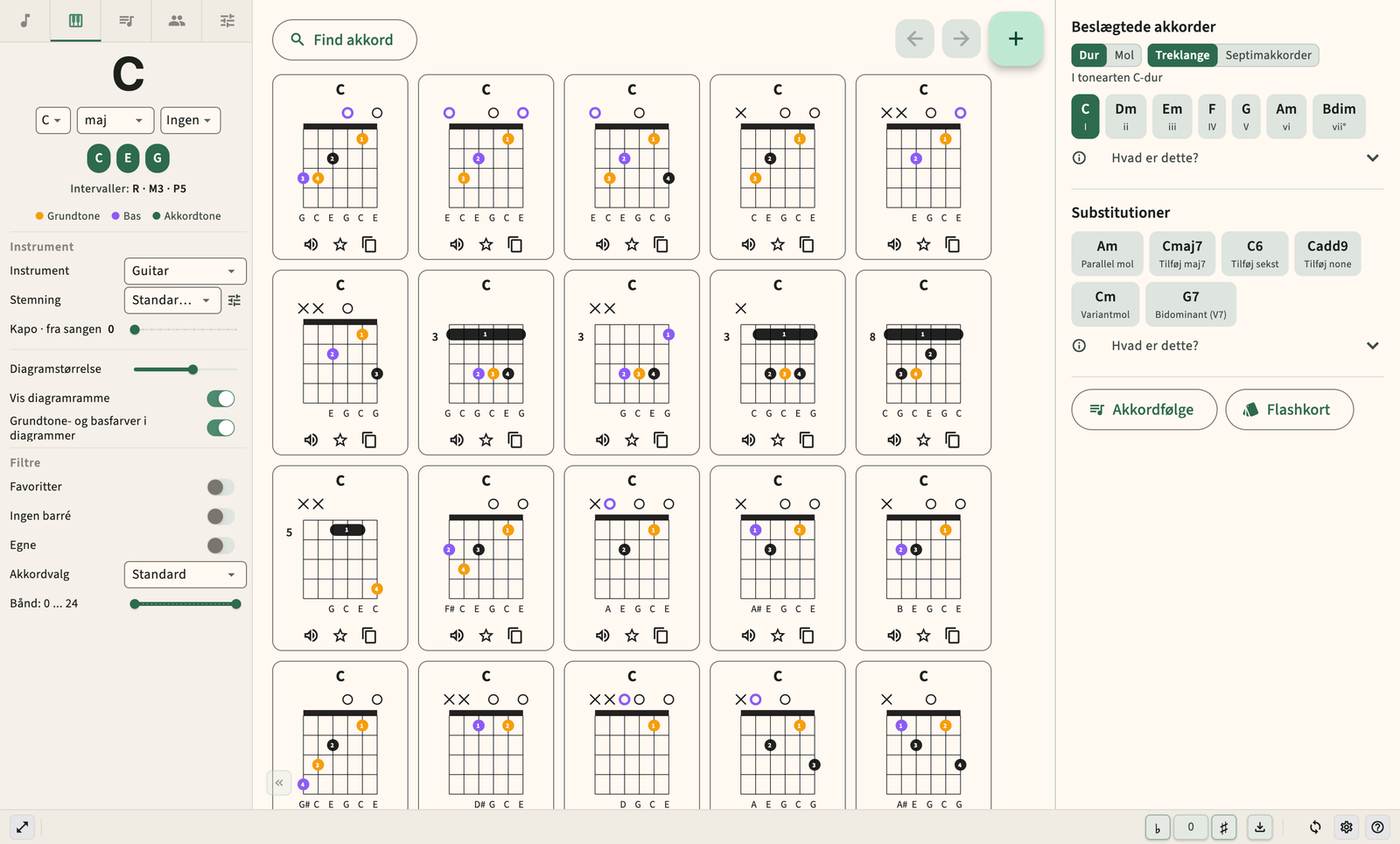 Guitarakkorddiagram med fingersætning og lydafspilning