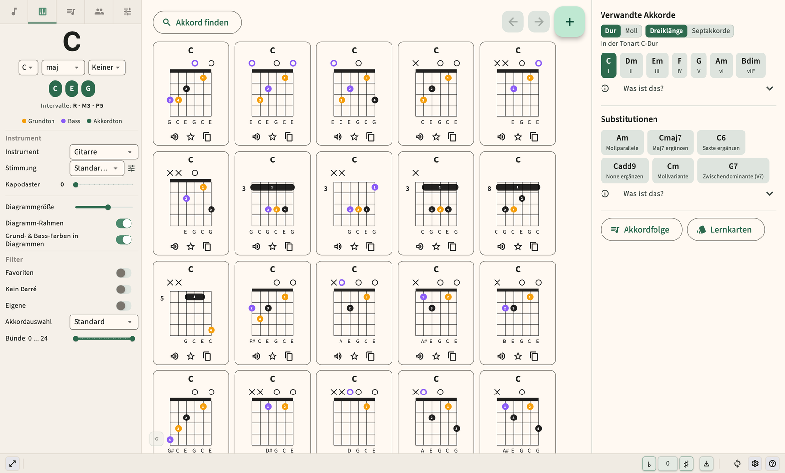 Gitarrenakkorddiagramm mit Fingersatz und Audiowiedergabe
