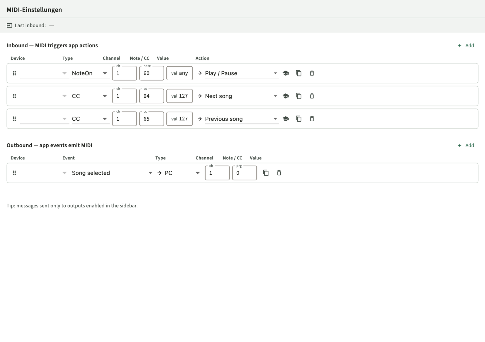 MIDI Inbound und Outbound Mapping Einstellungen