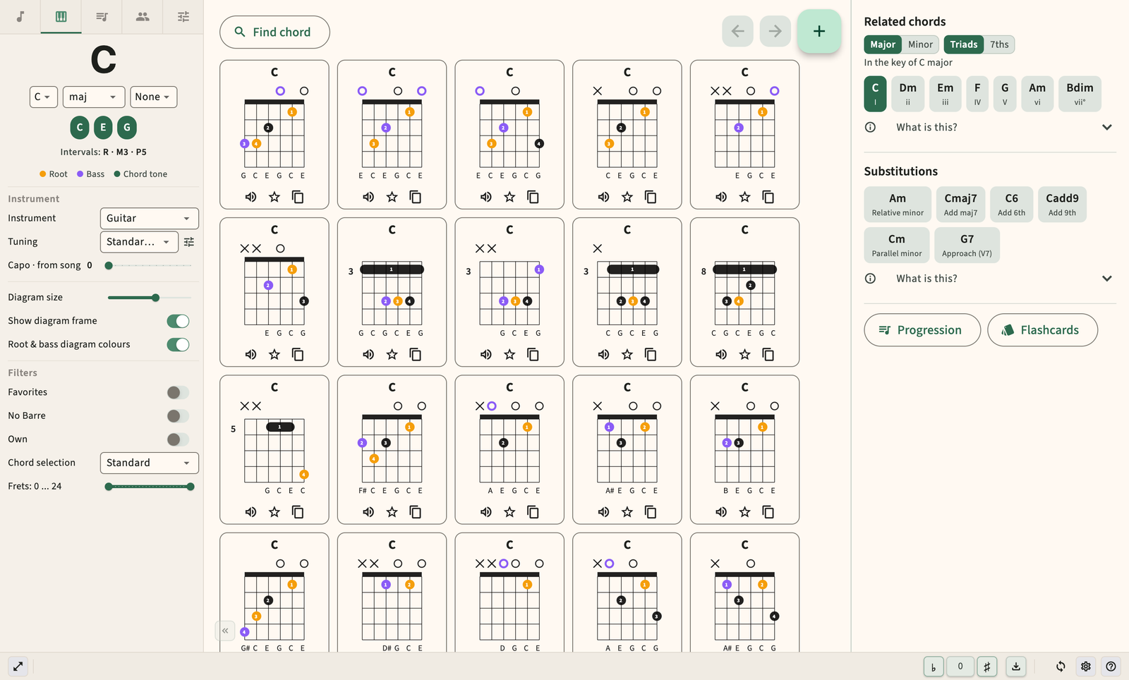 Guitar chord diagram with fingering and audio playback