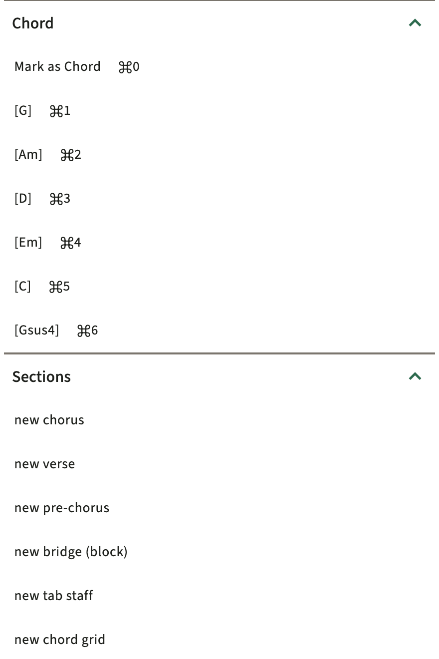 ChordPro insert catalog in the editor toolbar