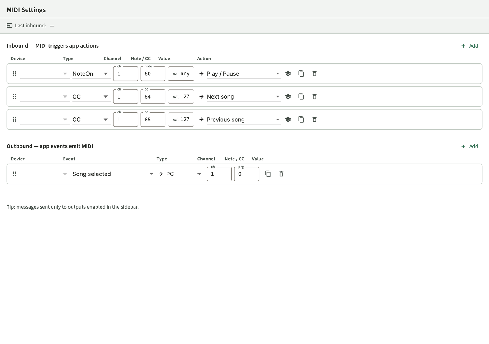 MIDI inbound and outbound mapping settings