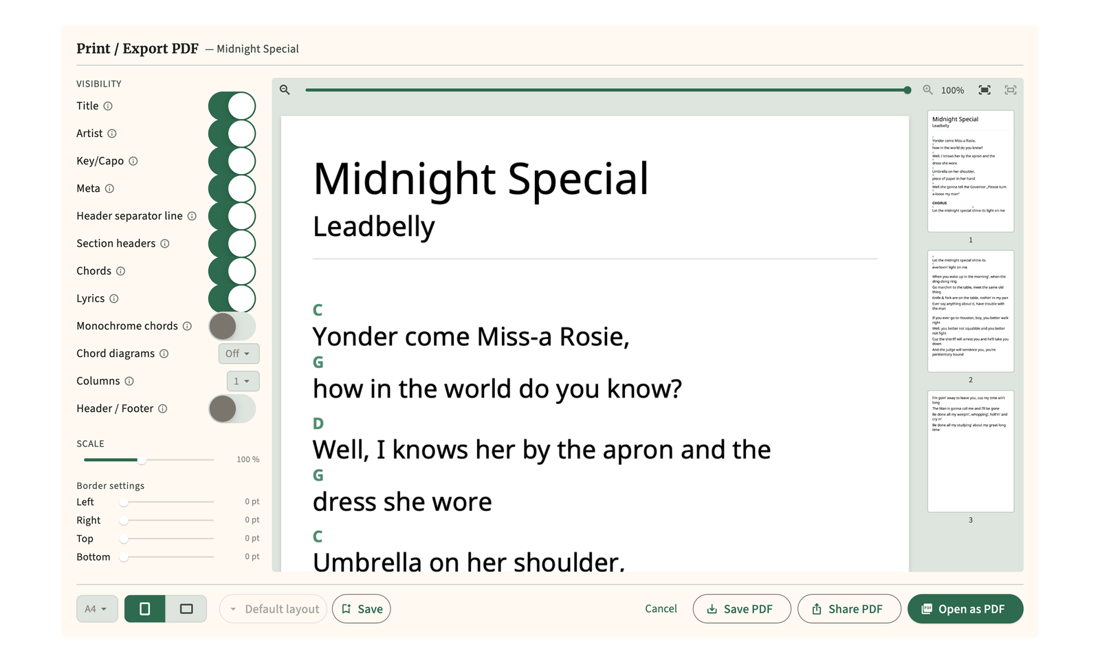 Print and PDF export layout for a song