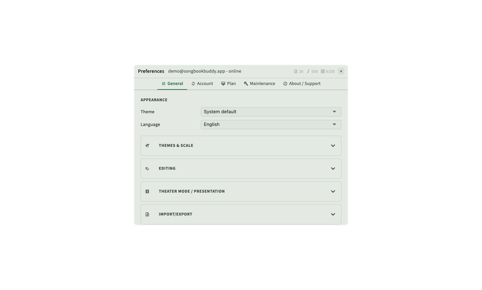 Settings for cloud sync, backup, and display preferences