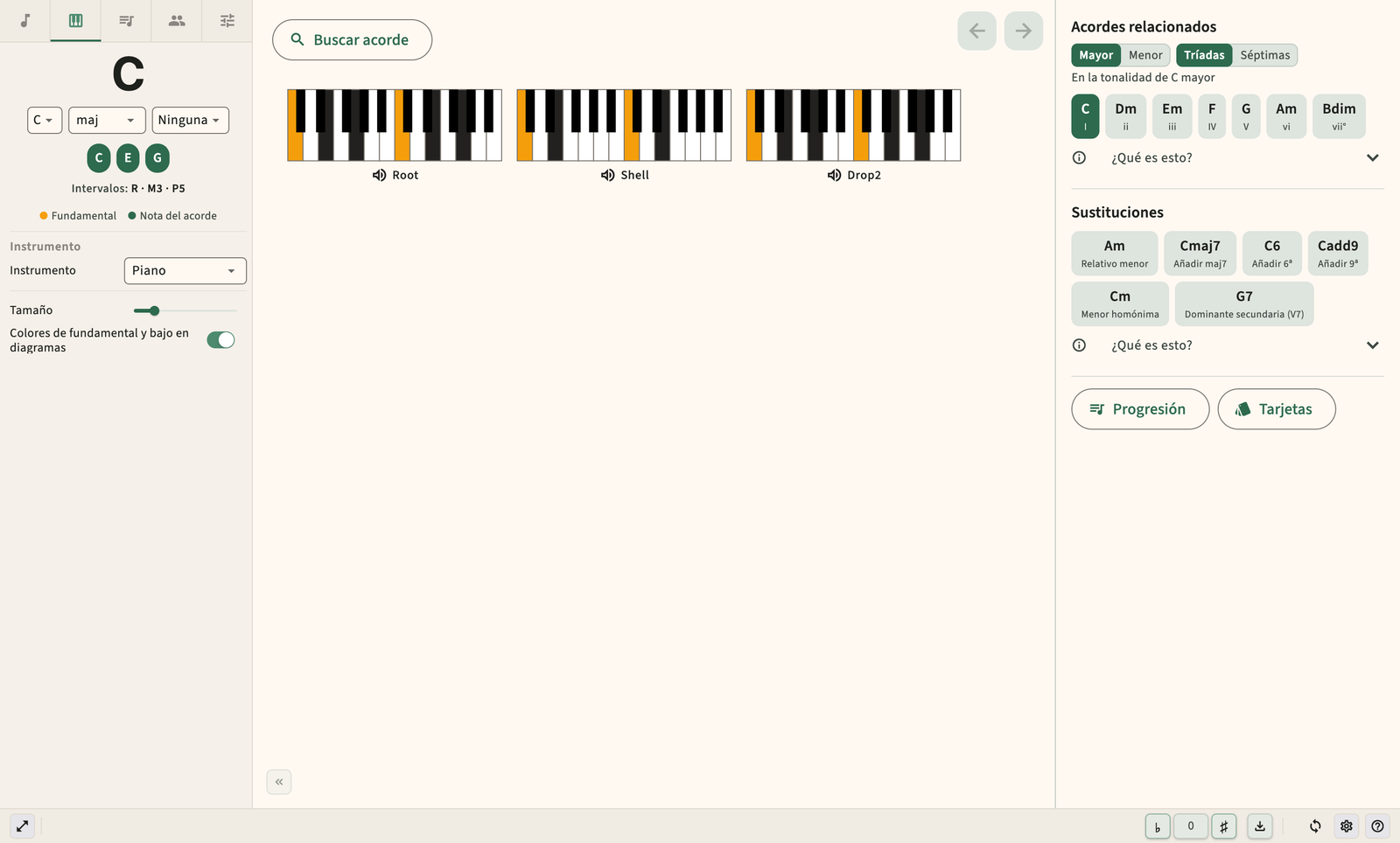 Diagrama de acordes de piano con distribución de notas de teclado.