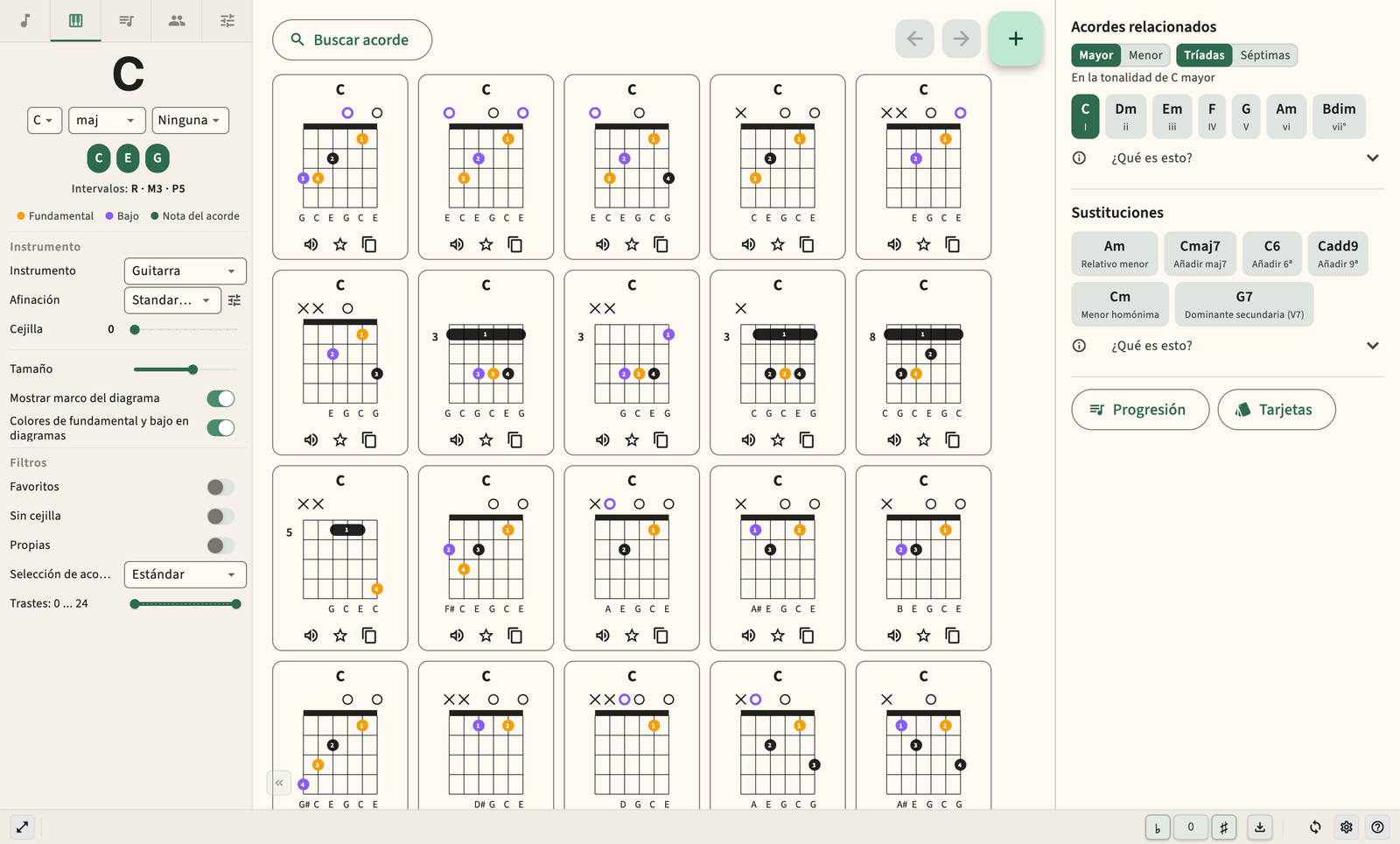 Diagrama de acordes de guitarra con digitación y reproducción de audio.