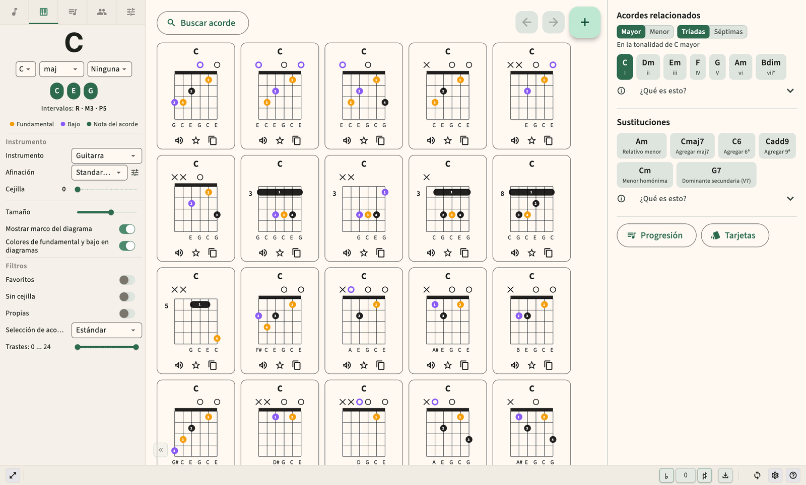 Diagrama de acordes de guitarra con digitación y reproducción de audio.