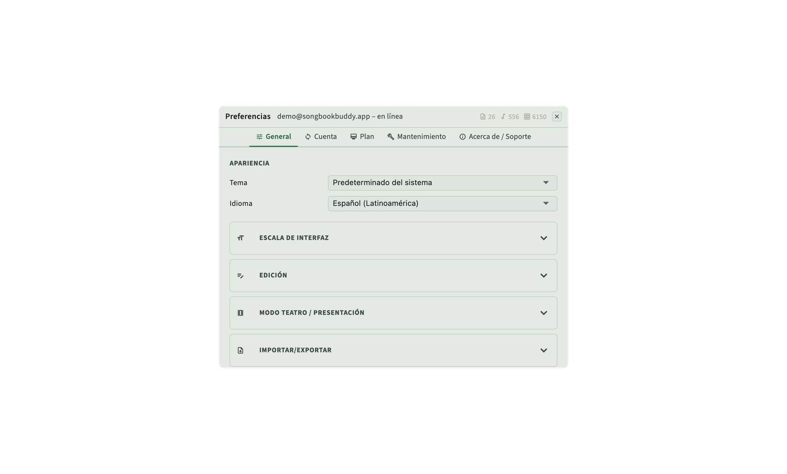 Configuraciones para sincronización en la nube, copia de seguridad y preferencias de visualización