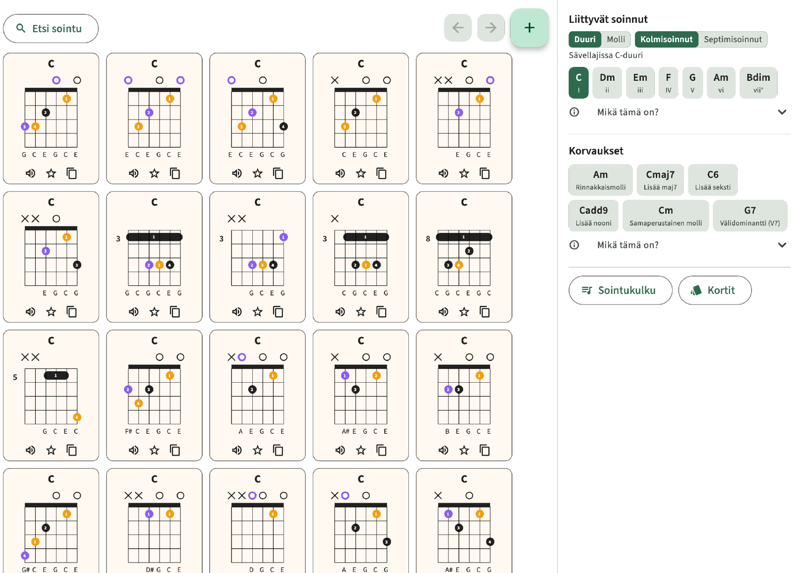 Find chord, Related Chords ja substituutiot