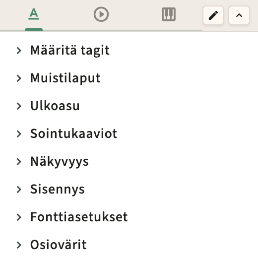 Suorituskykymuoto ja metronomi sivupalkin ohjaimet