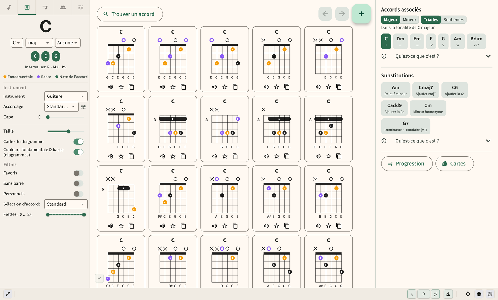 Diagramme d'accords de guitare avec doigté et lecture audio