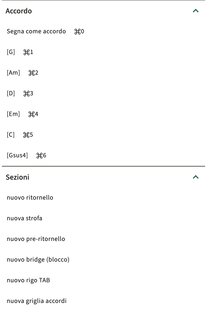 ChordPro inserisci il catalogo nella barra degli strumenti dell'editor