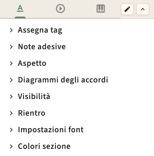 Controlli della barra laterale del formato della performance e del metronomo