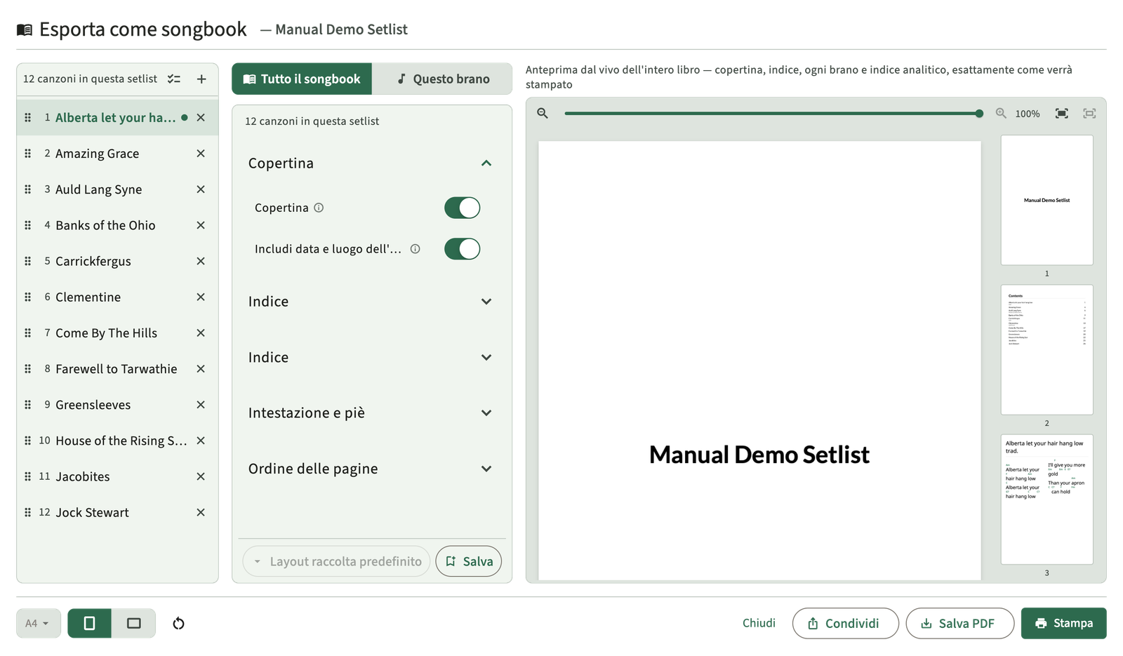 Anteprima dell'esportazione del songbook della setlist PDF