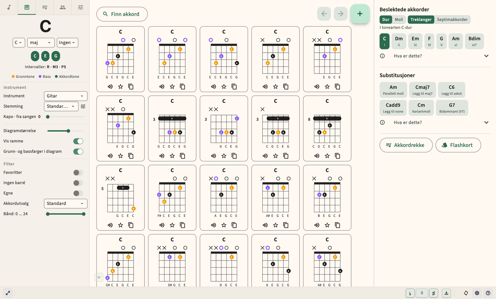 Gitar akkorder diagram med fingering og lydavspilling