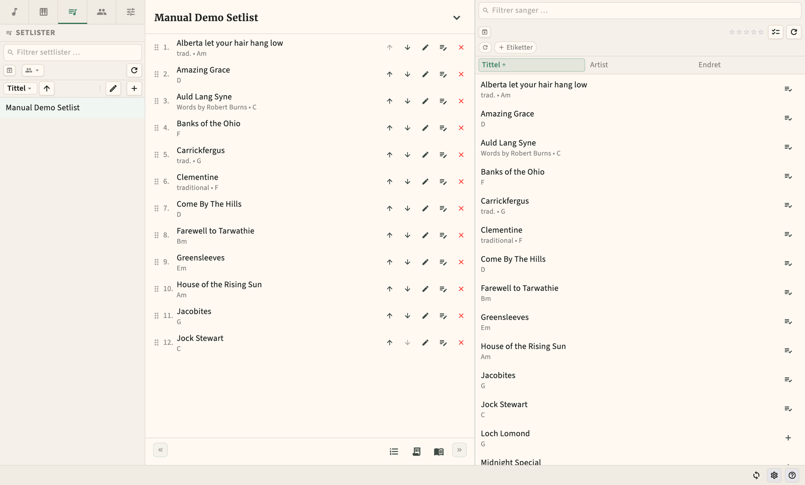 Setlist editor med dra-og-slepp sang rekkefølge