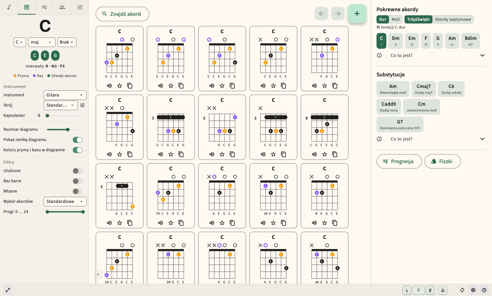 Diagram akordów gitarowych z oznaczeniem palców i odtwarzaniem dźwięku