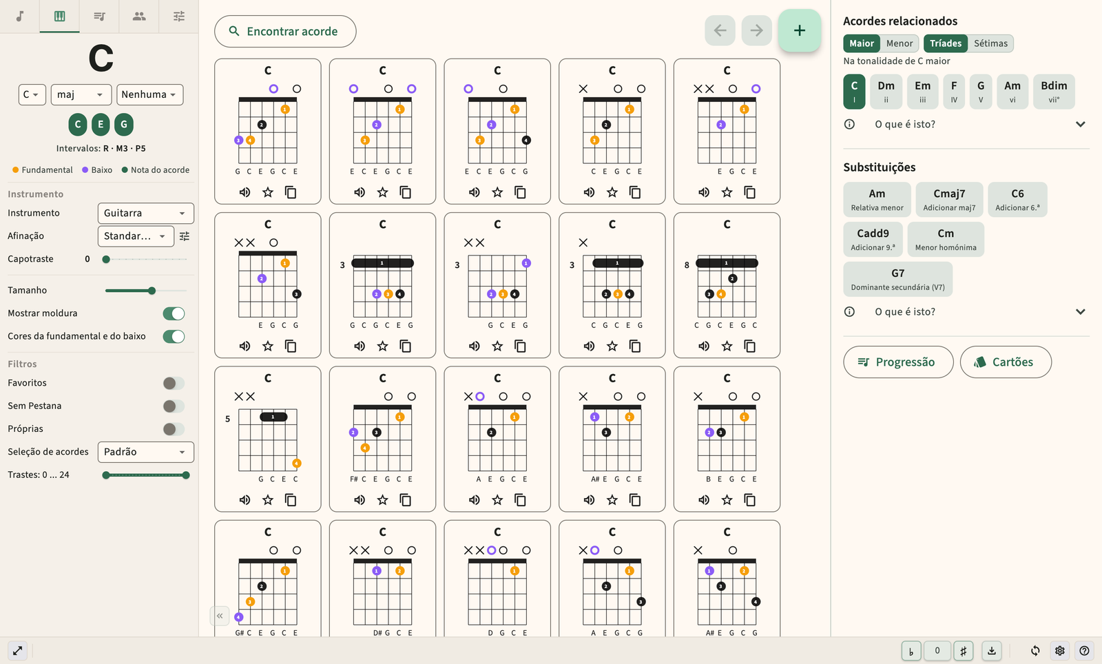 Diagrama de acordes de guitarra com dedilhado e reprodução de áudio
