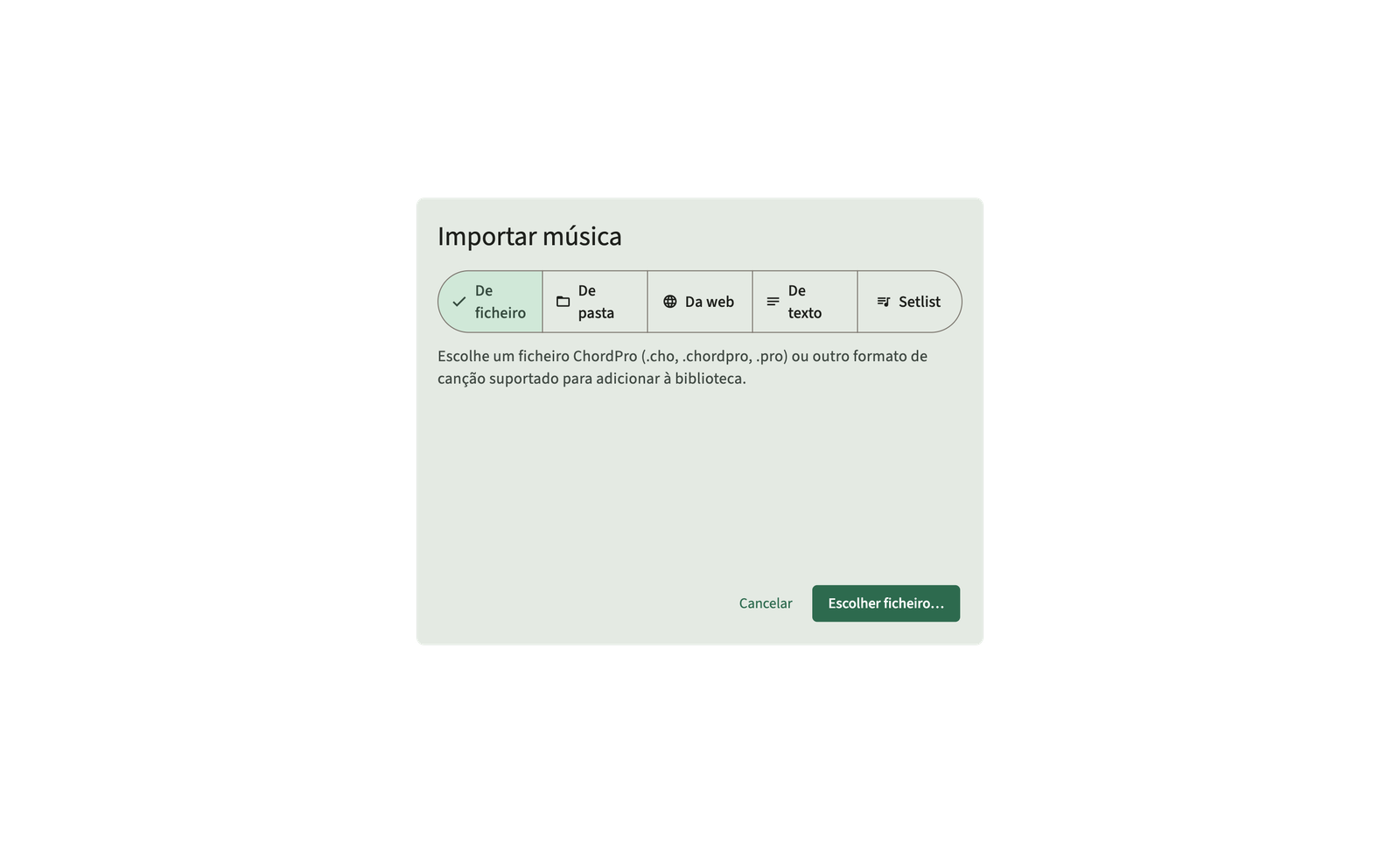 Importe ChordPro ficheiros e pastas para a biblioteca