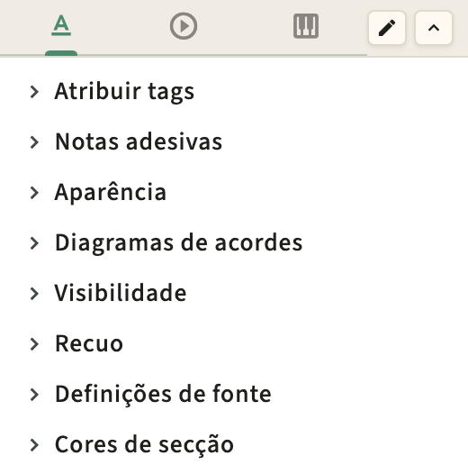 Formato de desempenho e controlos da barra lateral do metrónomo