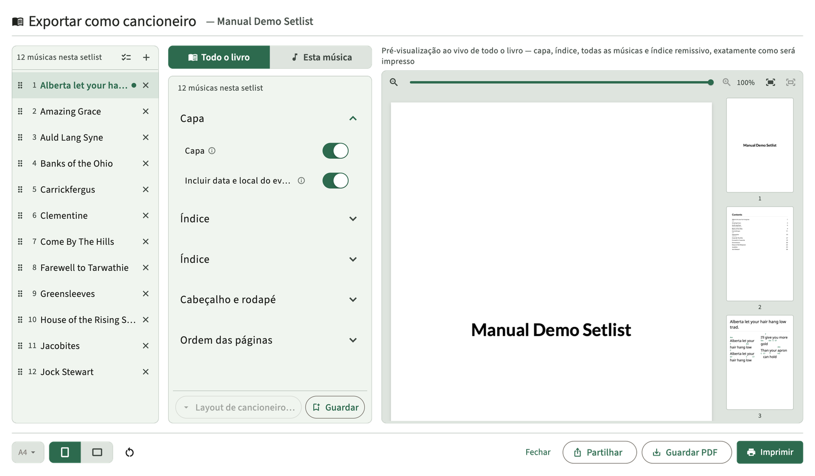 Visualização da exportação do songbook da setlist PDF