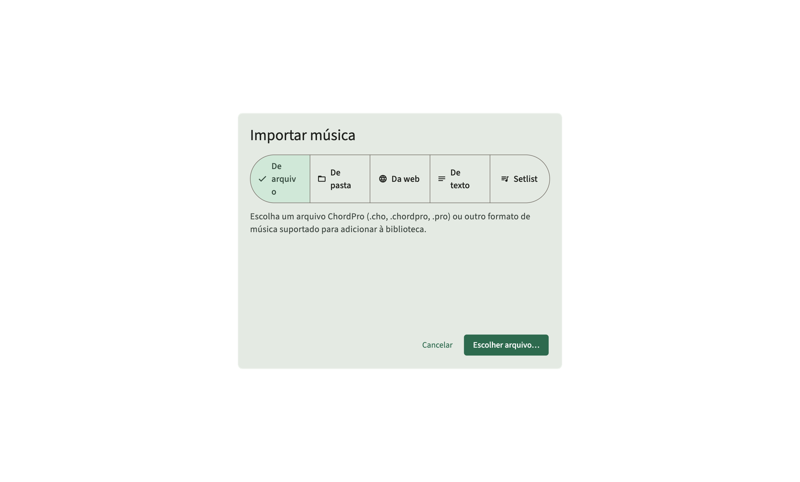 Importe ChordPro arquivos e pastas para a biblioteca
