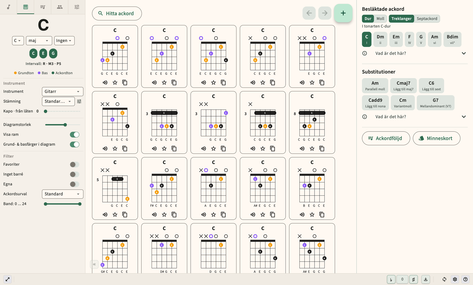 Gitarr ackord diagram med fingering och ljuduppspelning
