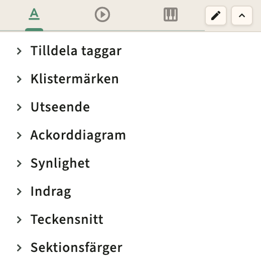 Prestandaformat och metronom sidofält kontroller