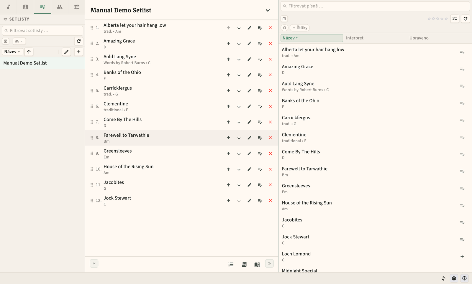 Editor setlistu s možností přetahování pořadí písní