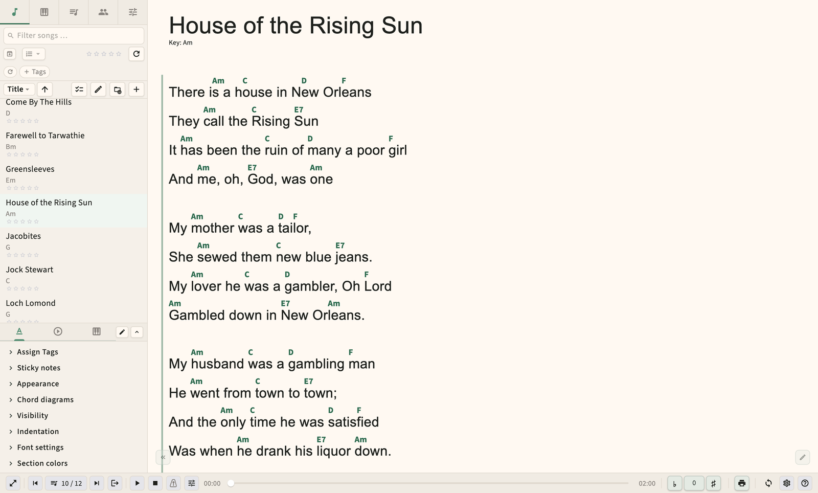Theater mode with large lyrics, chords, and auto-scroll