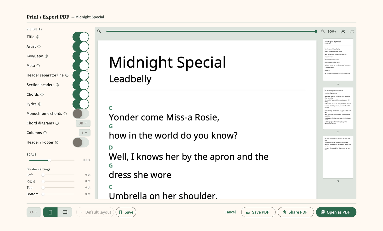 Print and PDF export layout for a song