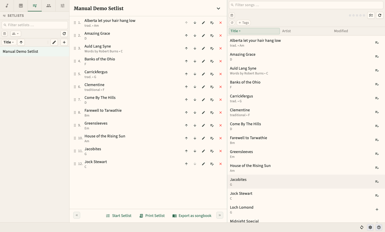 Setlist editor with drag-and-drop song order