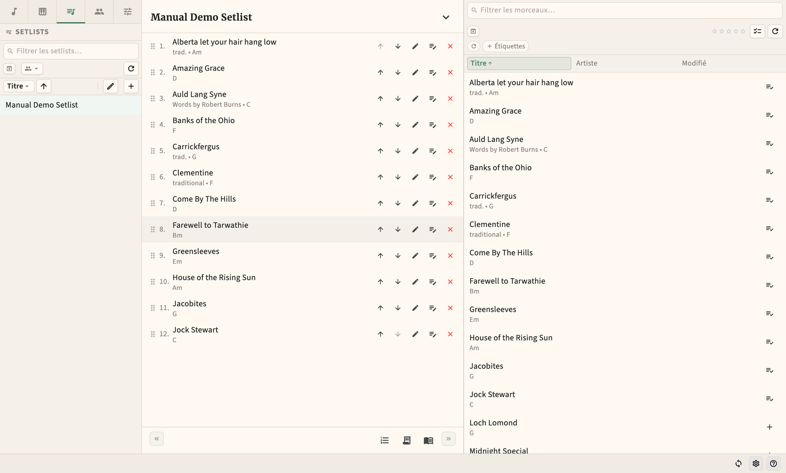 Éditeur de setlist avec ordre des chansons par glisser-déposer