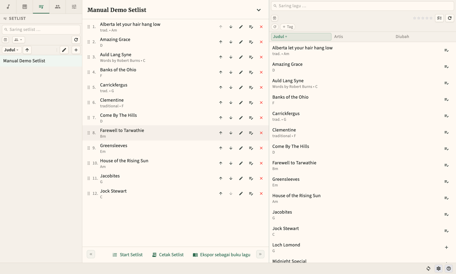 Editor setlist dengan urutan lagu seret-lepas