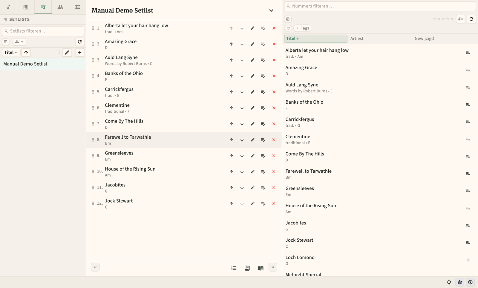 Setlist-editor met slepen-en-neerzetten van de nummervolgorde