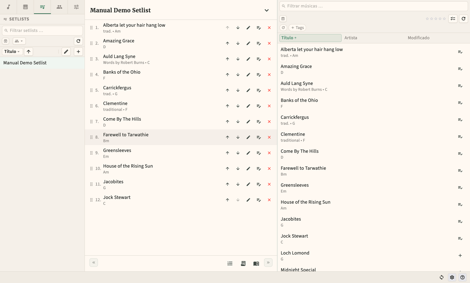 Editor de setlist com ordem de músicas de arrastar e soltar