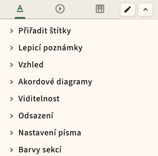Formát přehrávání a ovládací prvky postranního panelu metronomu