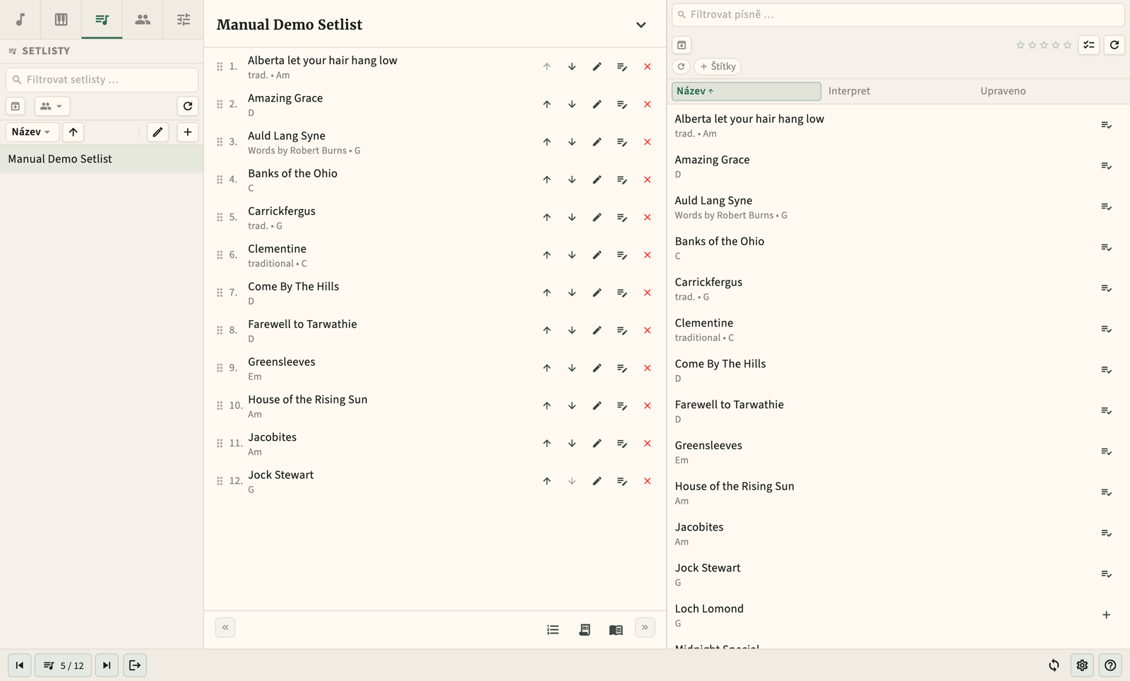 Editor setlistu s možností přetahování pořadí písní