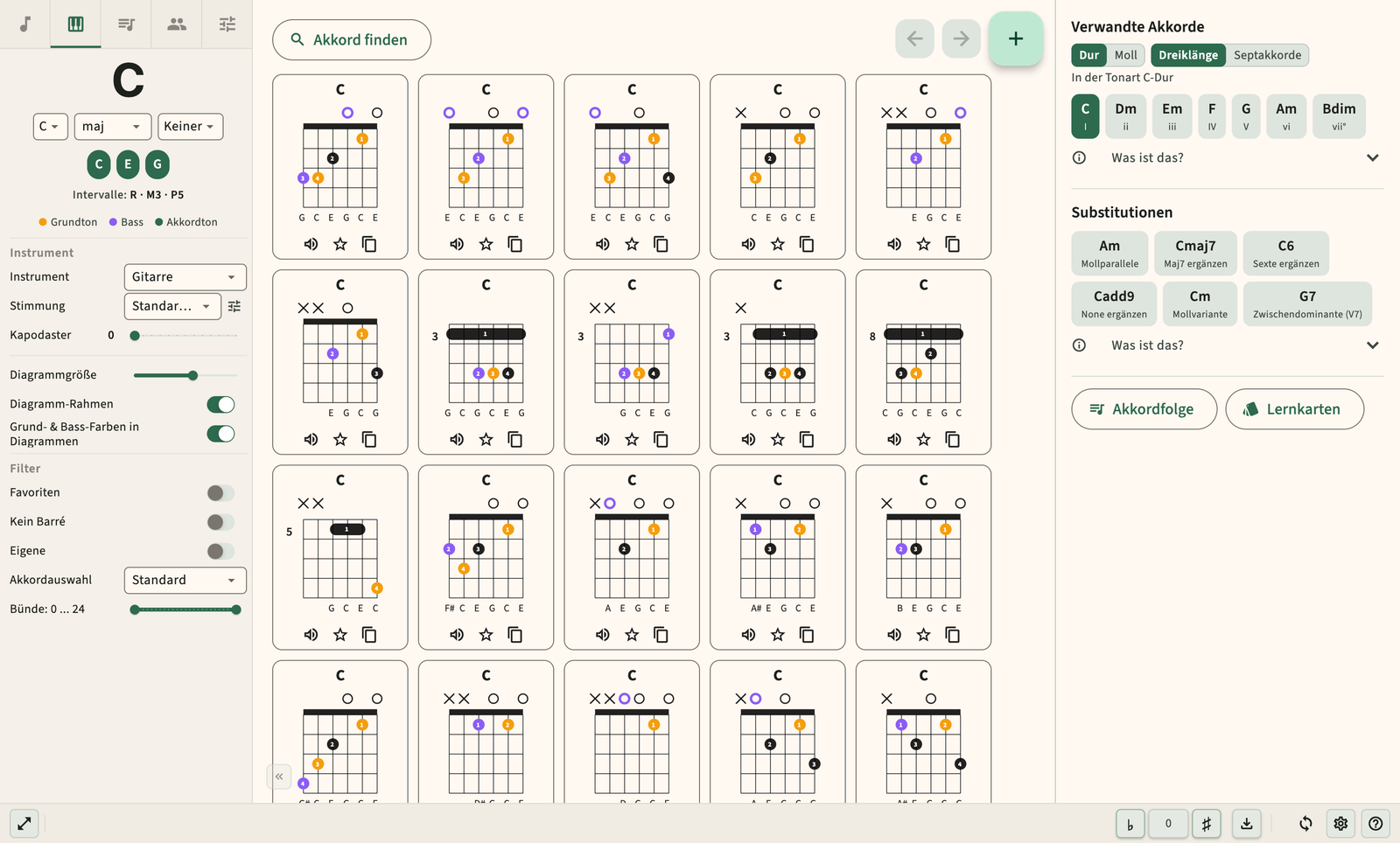 Gitarrenakkorddiagramm mit Fingersatz und Audiowiedergabe