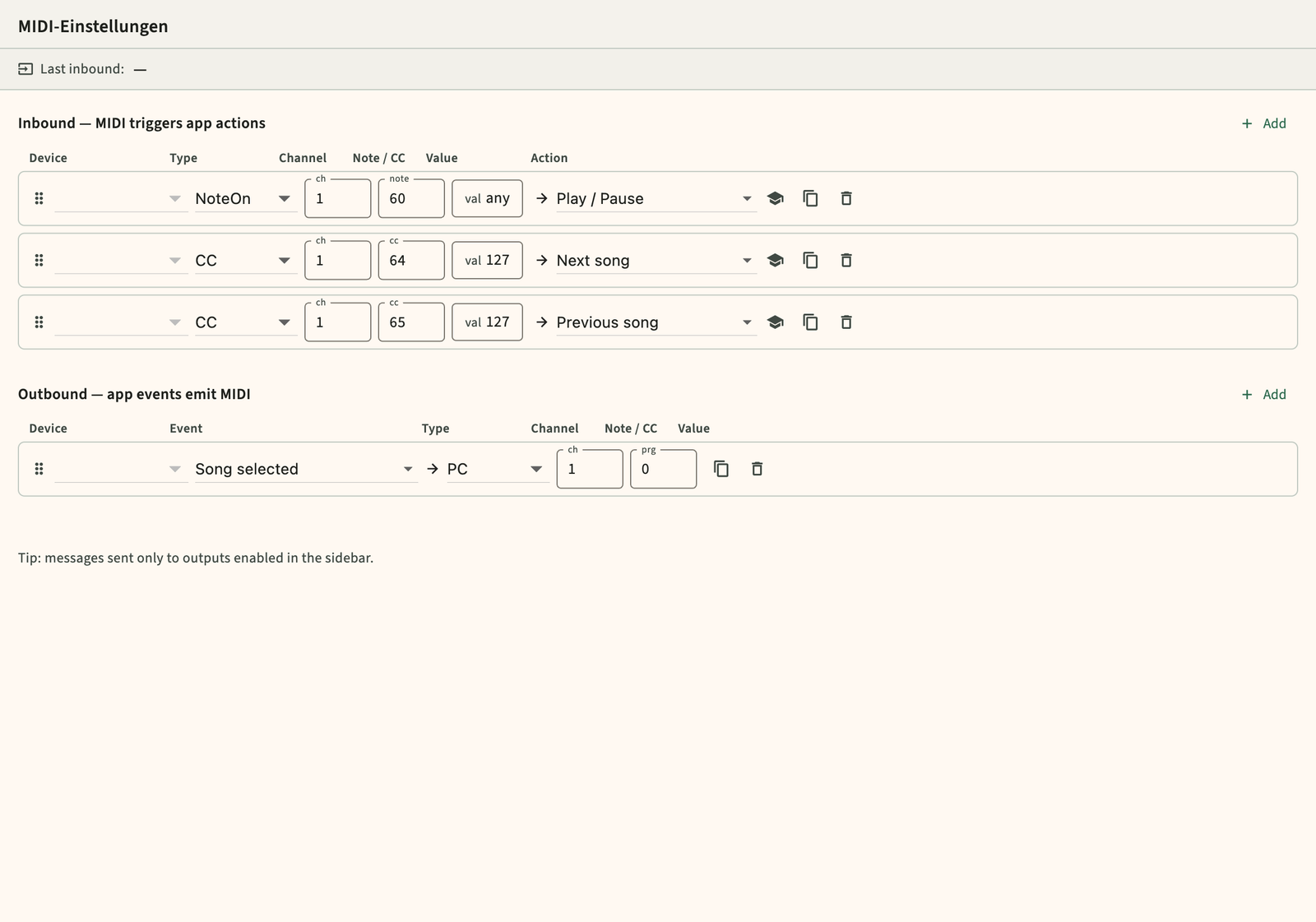 MIDI Inbound und Outbound Mapping Einstellungen