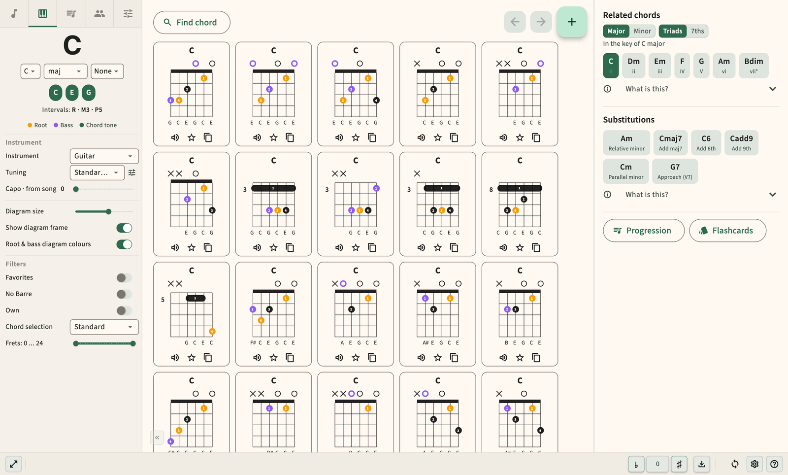 Guitar chord diagram with fingering and audio playback