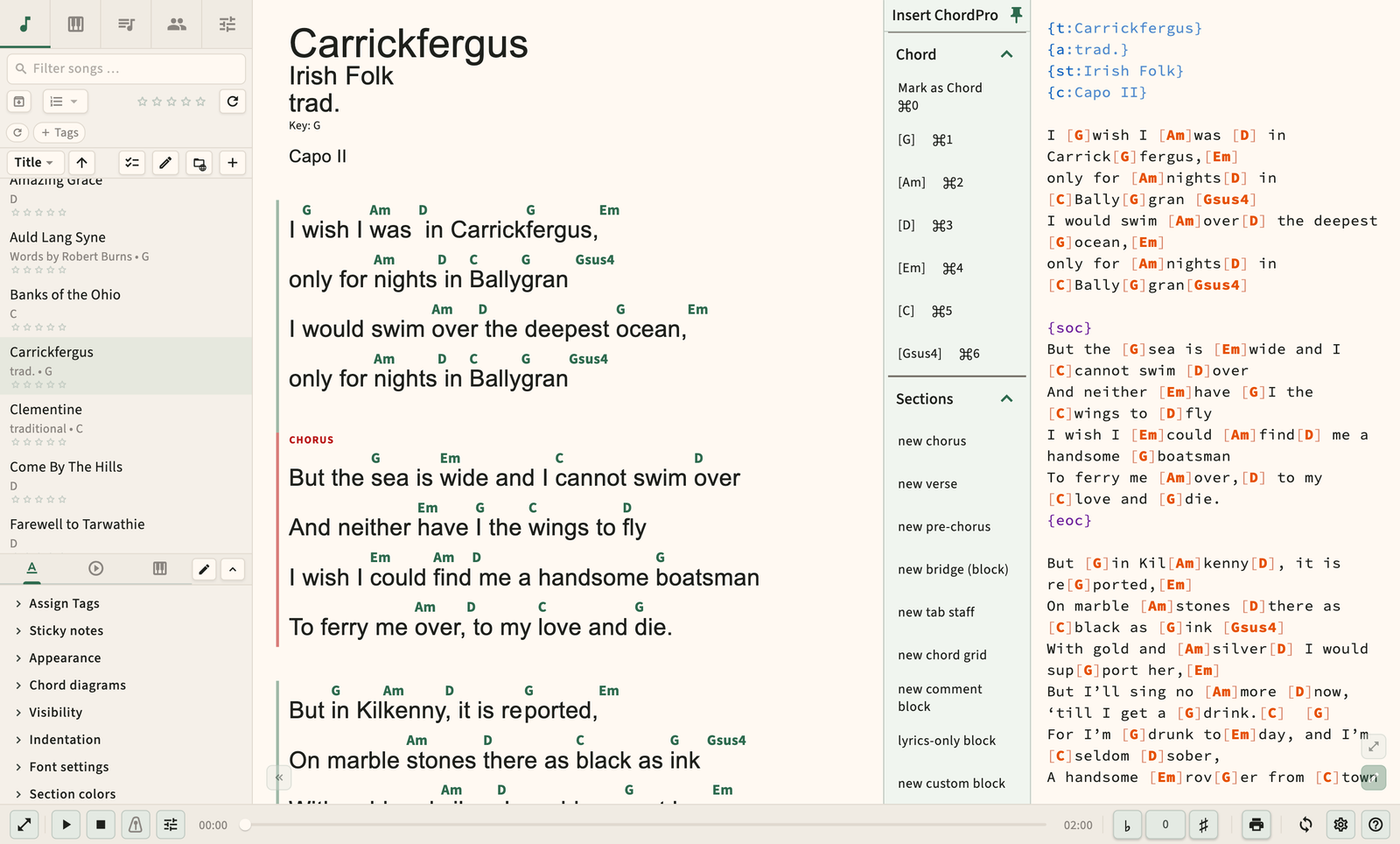 ChordPro source editor with live formatting preview