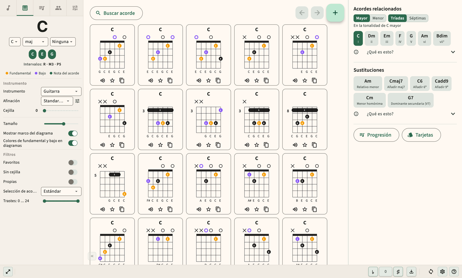 Diagrama de acordes de guitarra con digitación y reproducción de audio.