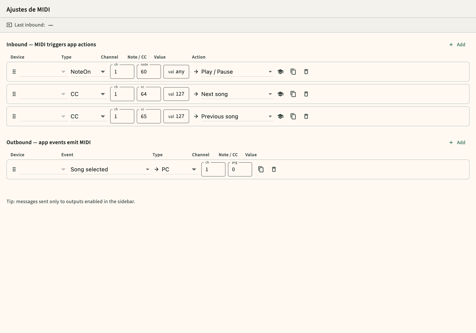 MIDI configuración de mapeo entrante y saliente