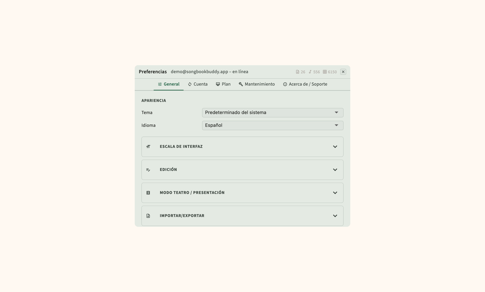 Configuraciones para sincronización en la nube, copia de seguridad y preferencias de visualización
