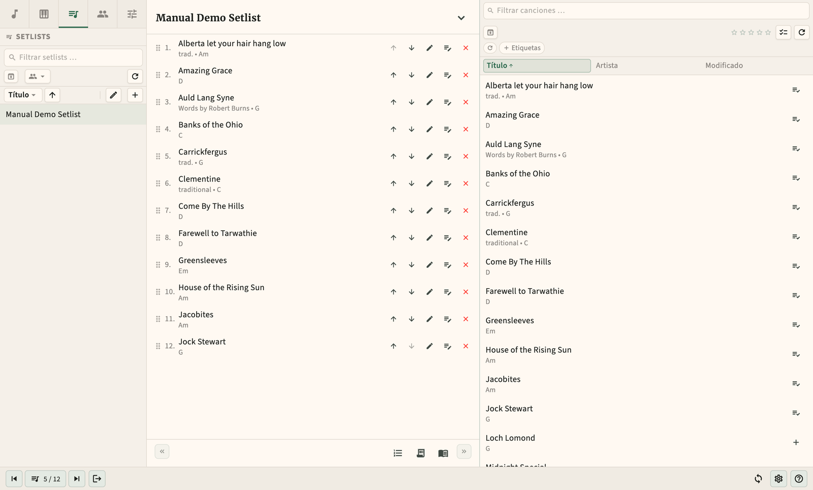 Editor de listas de canciones con orden de canciones de arrastrar y soltar