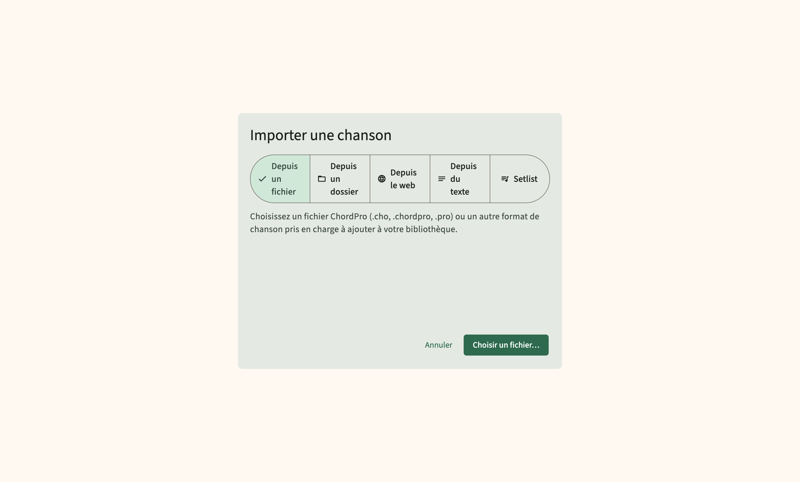 Importer des fichiers et dossiers ChordPro dans la bibliothèque