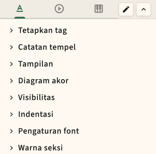 Kontrol sidebar format performa dan metronom