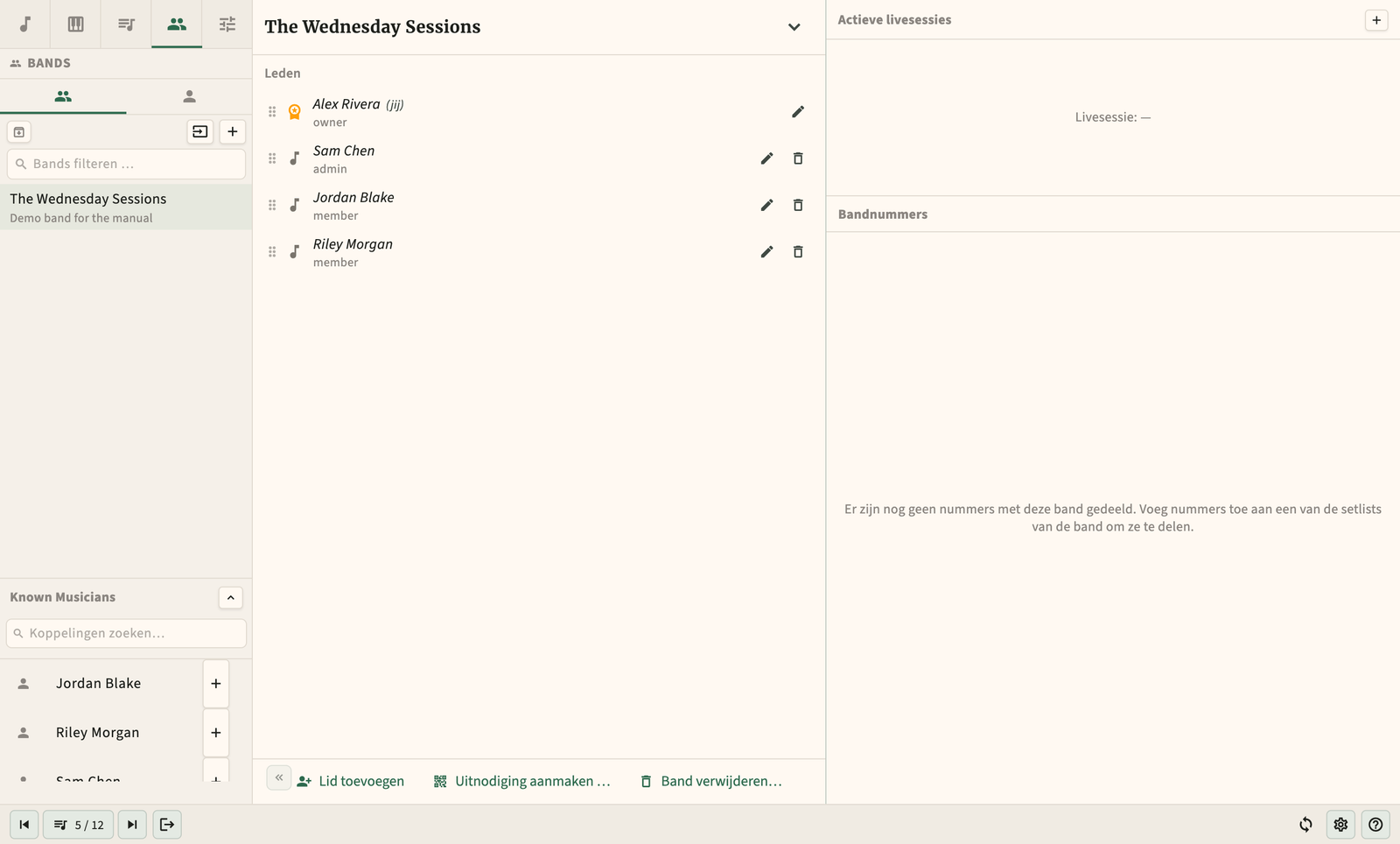 Bandoverzicht met leden, rollen en gedeelde bibliotheek