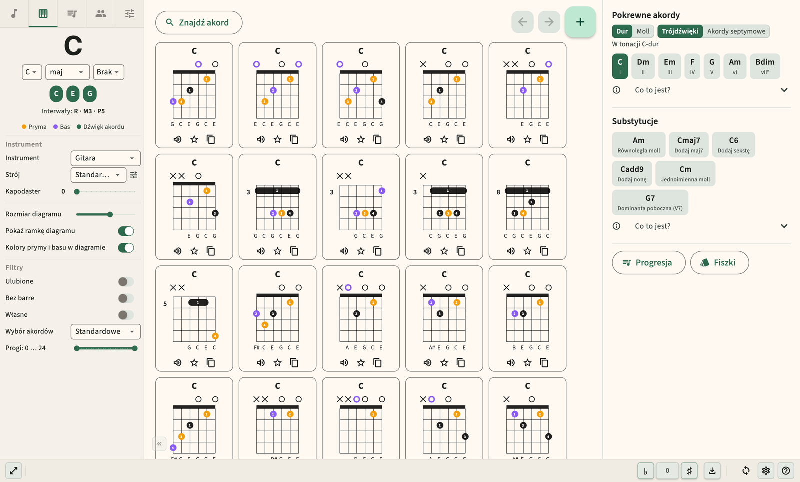 Diagram akordów gitarowych z oznaczeniem palców i odtwarzaniem dźwięku